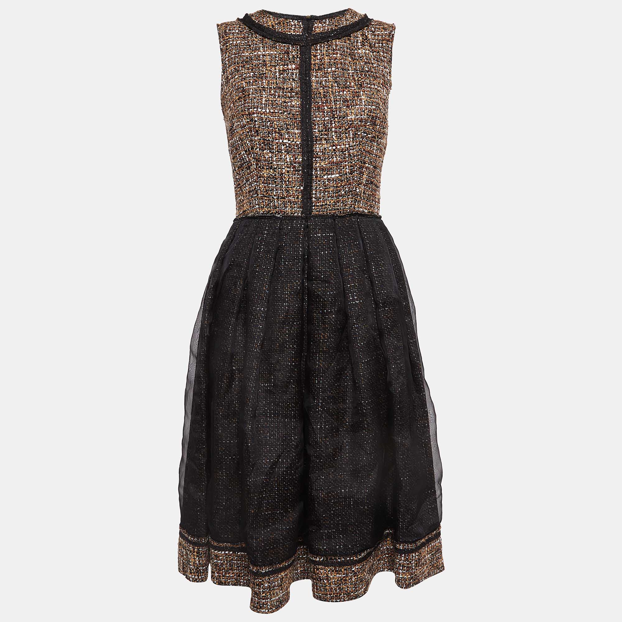 

D&G Black and Brown Tweed Silk Overlay Flared Midi Dress