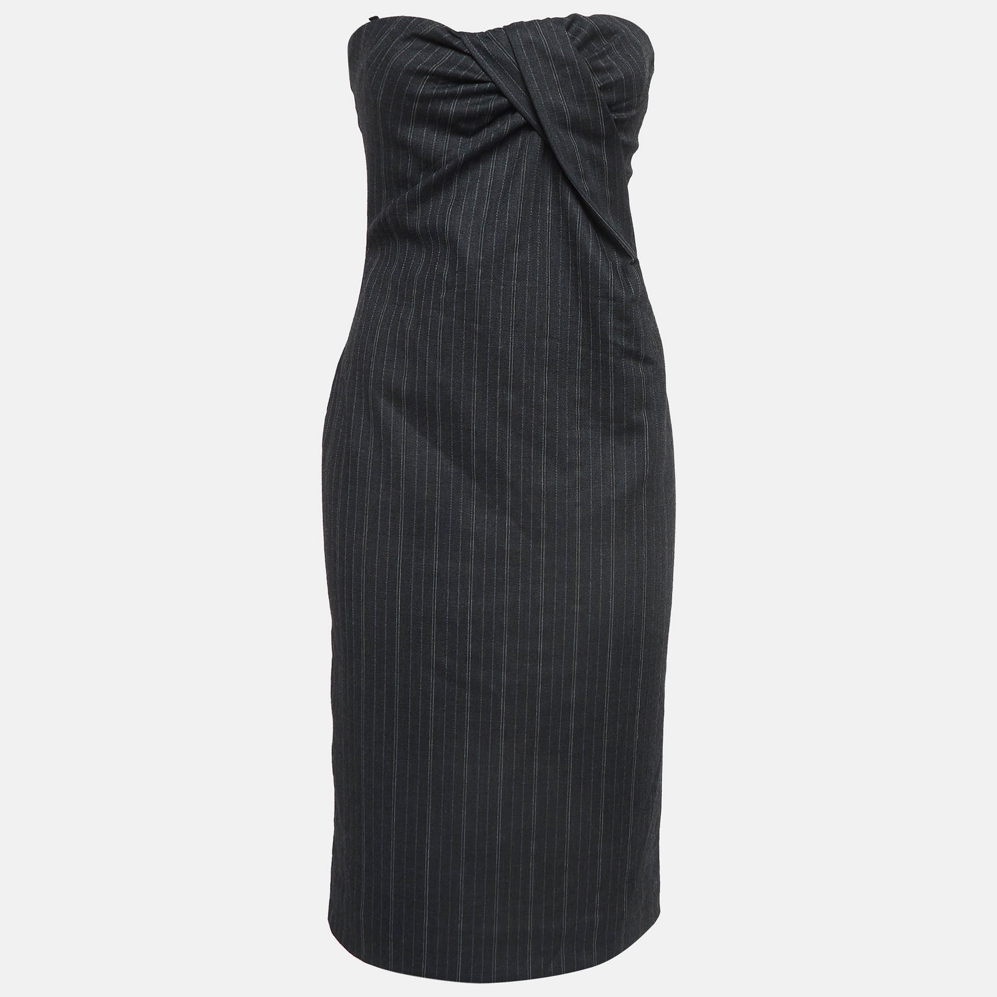 D&g grey pinstripe gabardine draped detail strapless mini dress m