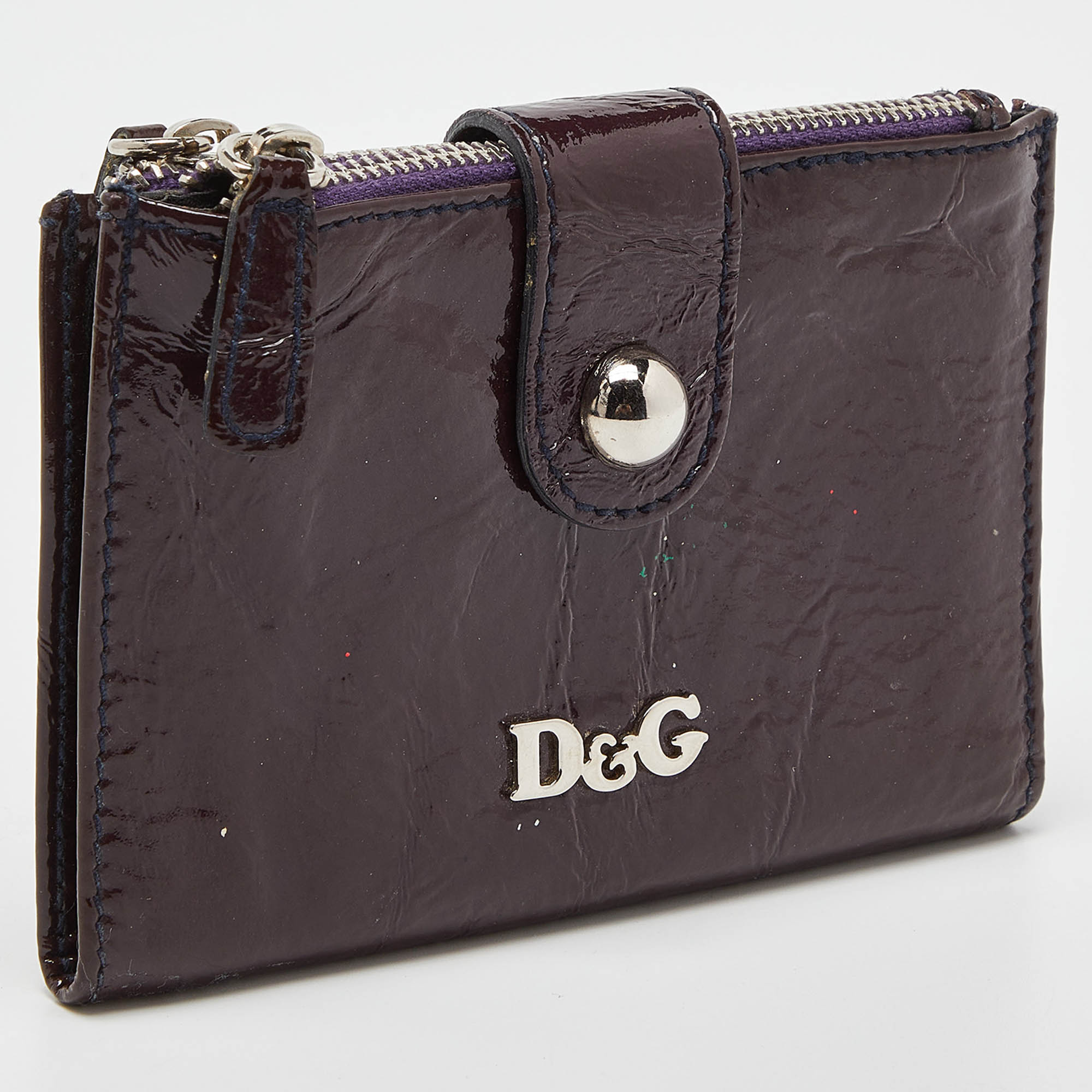 D&G Plum Patent Leather Double Zip Bifold Flap Wallet