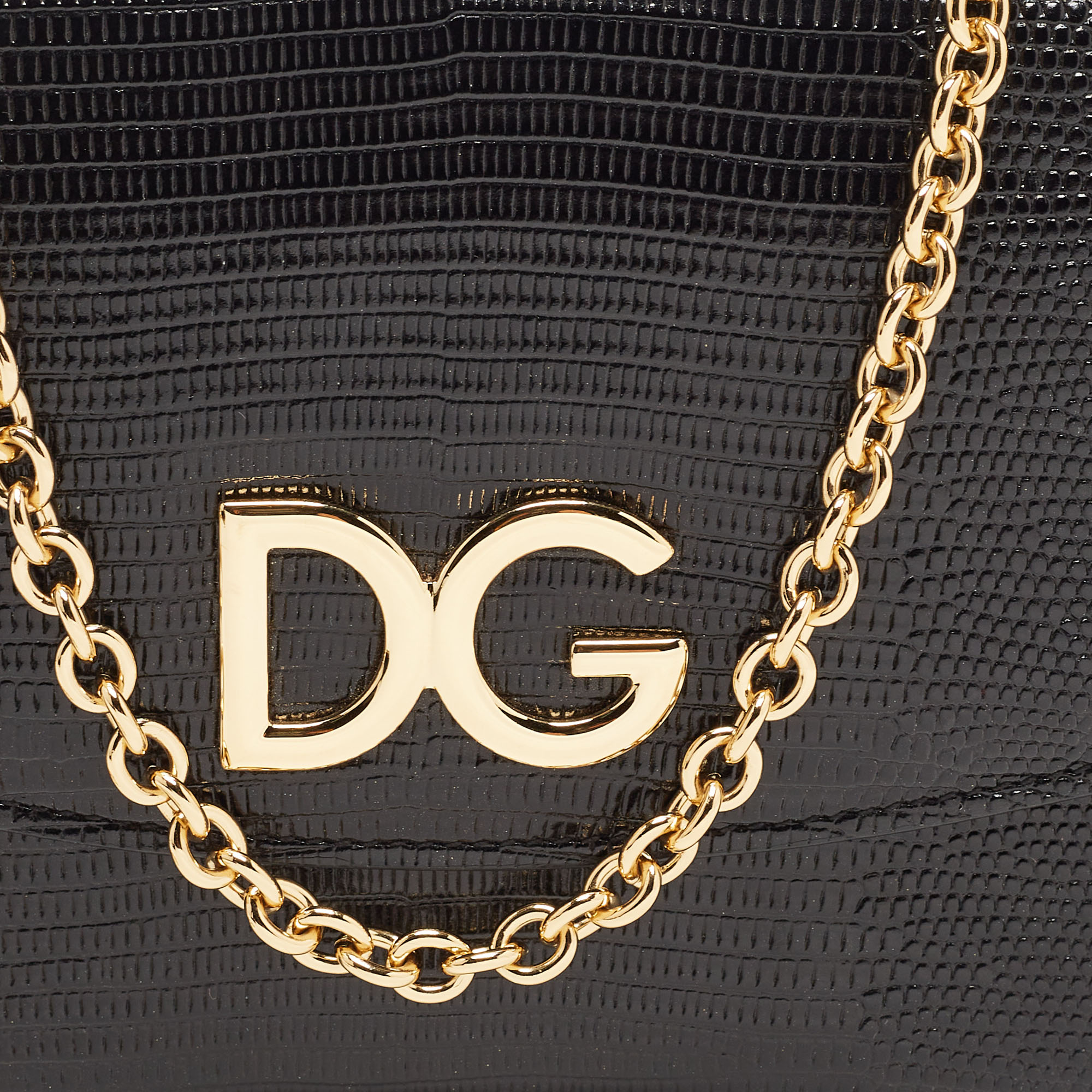 D&G Black Lizard Embossed Leather Flap Chain Clutch