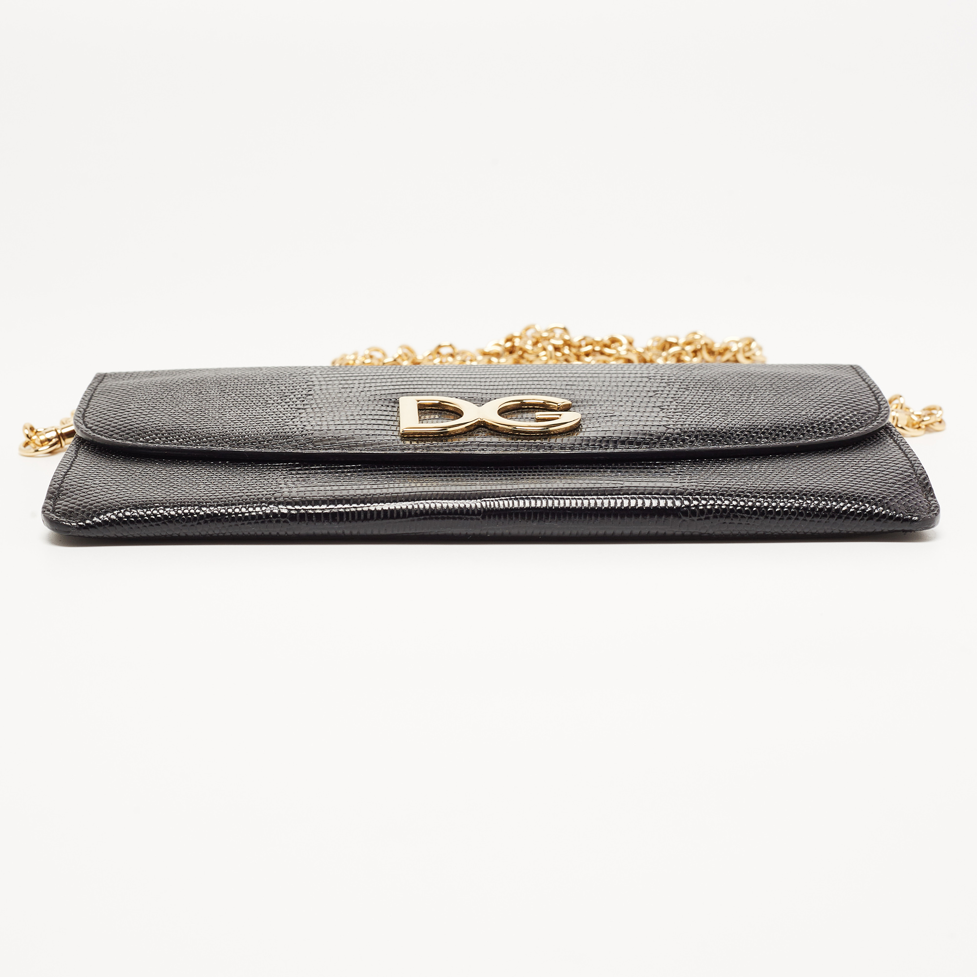 D&G Black Lizard Embossed Leather Flap Chain Clutch