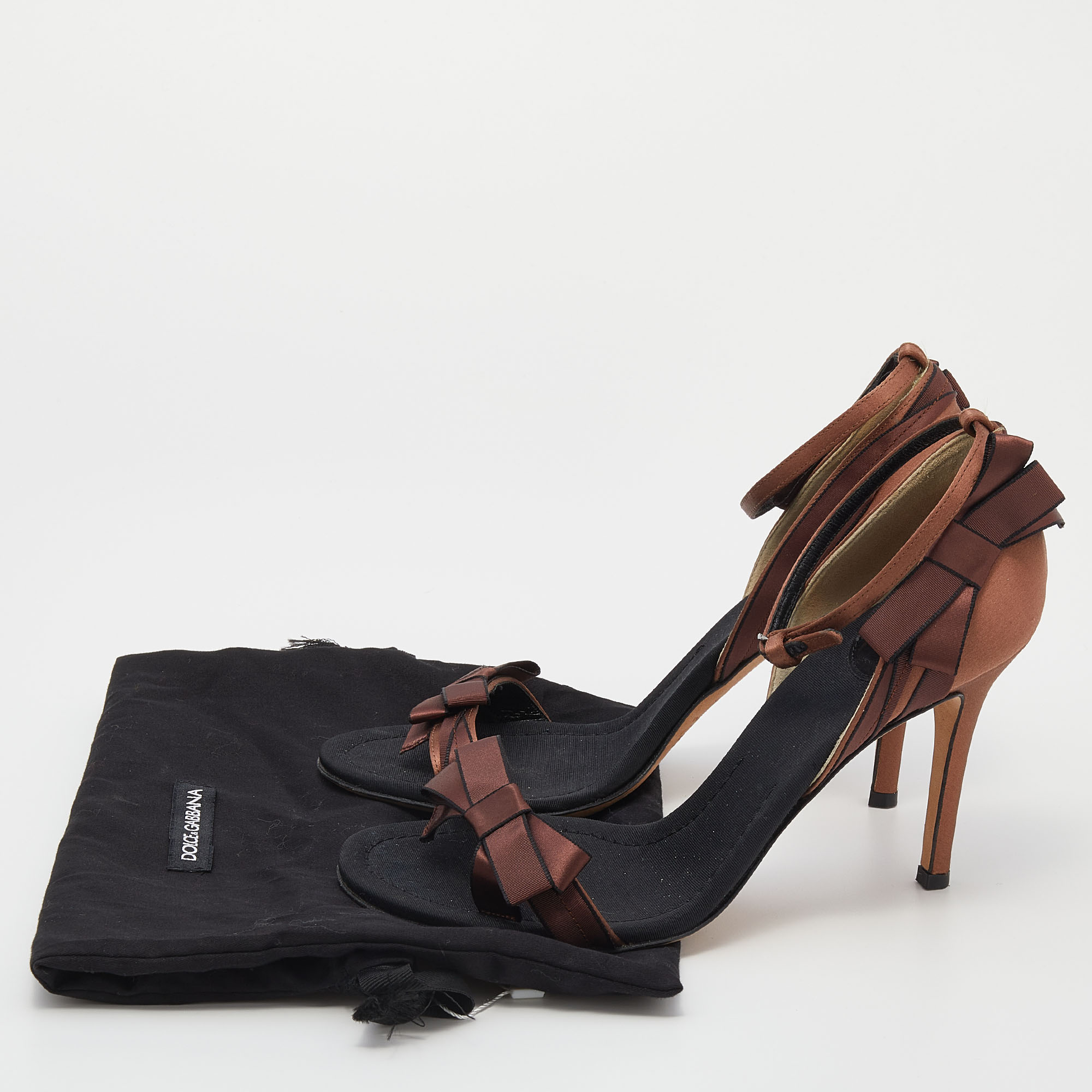 D&G Brown/Black Satin Bow Embellished Ankle Strap Sandals Size 39