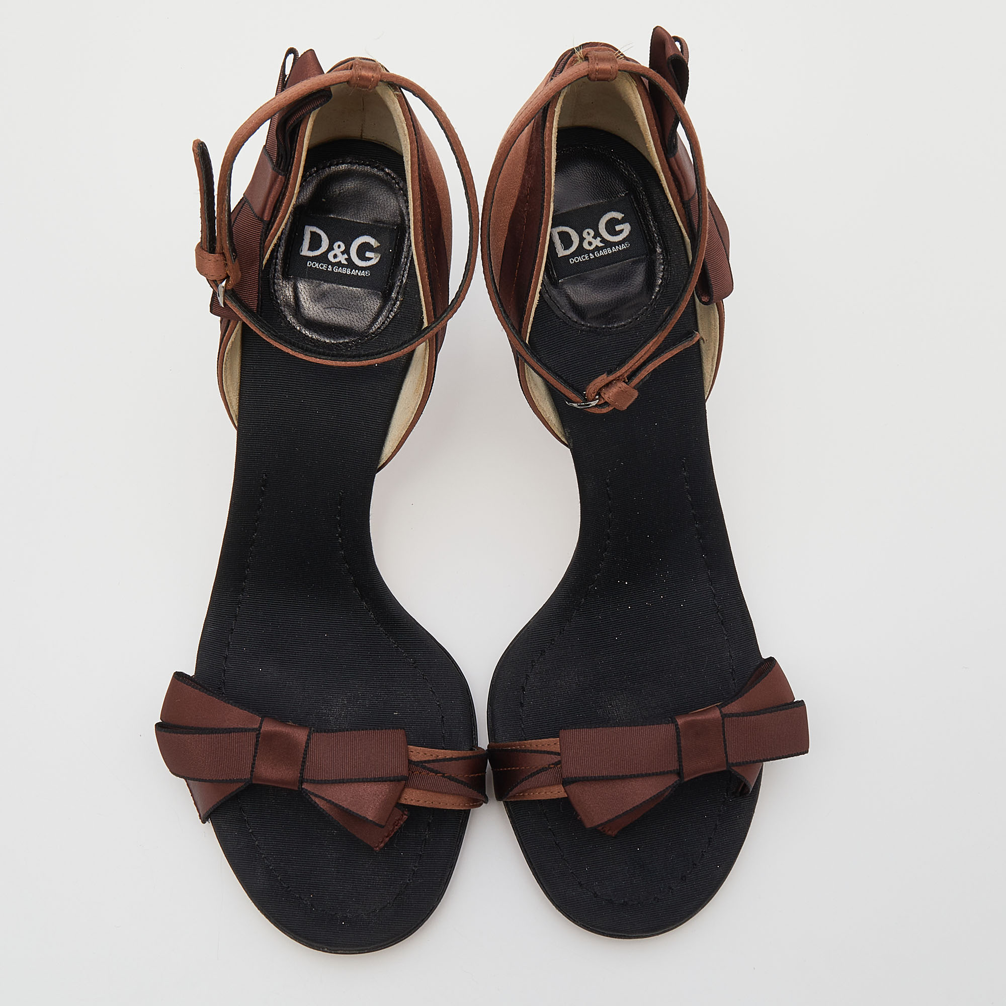 D&G Brown/Black Satin Bow Embellished Ankle Strap Sandals Size 39