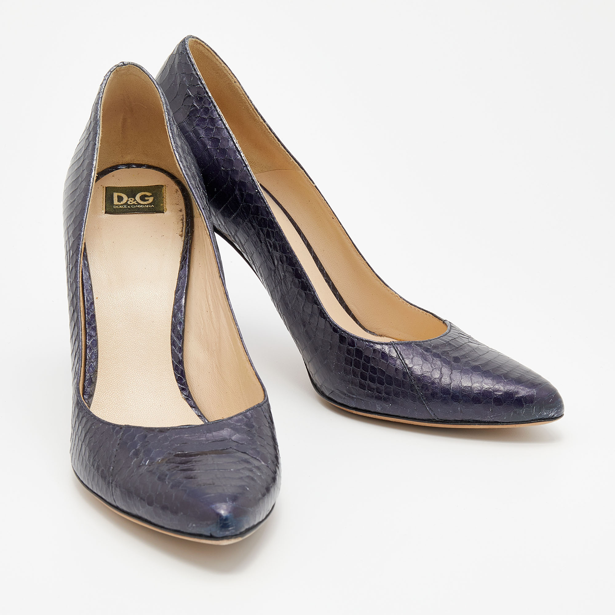 D&G Blue Snakeskin Embossed Leather Pointed Toe Pumps Size 38