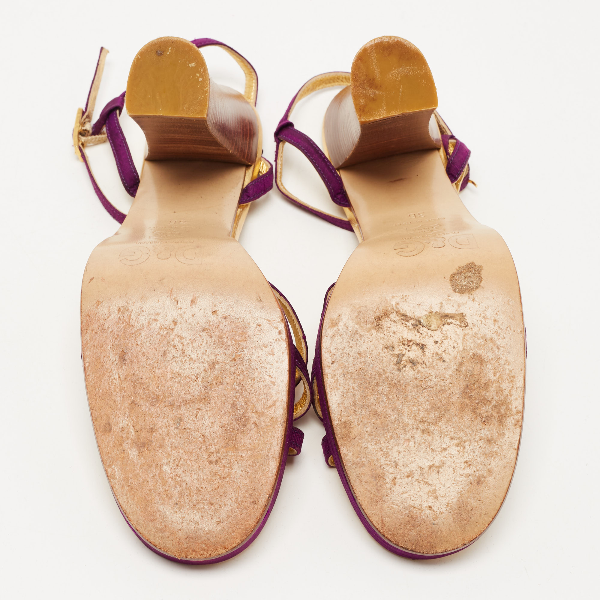 D&G Purple /Gold Leather Crystal Embellished Ankle Strap Block Heel Sandals Size 36
