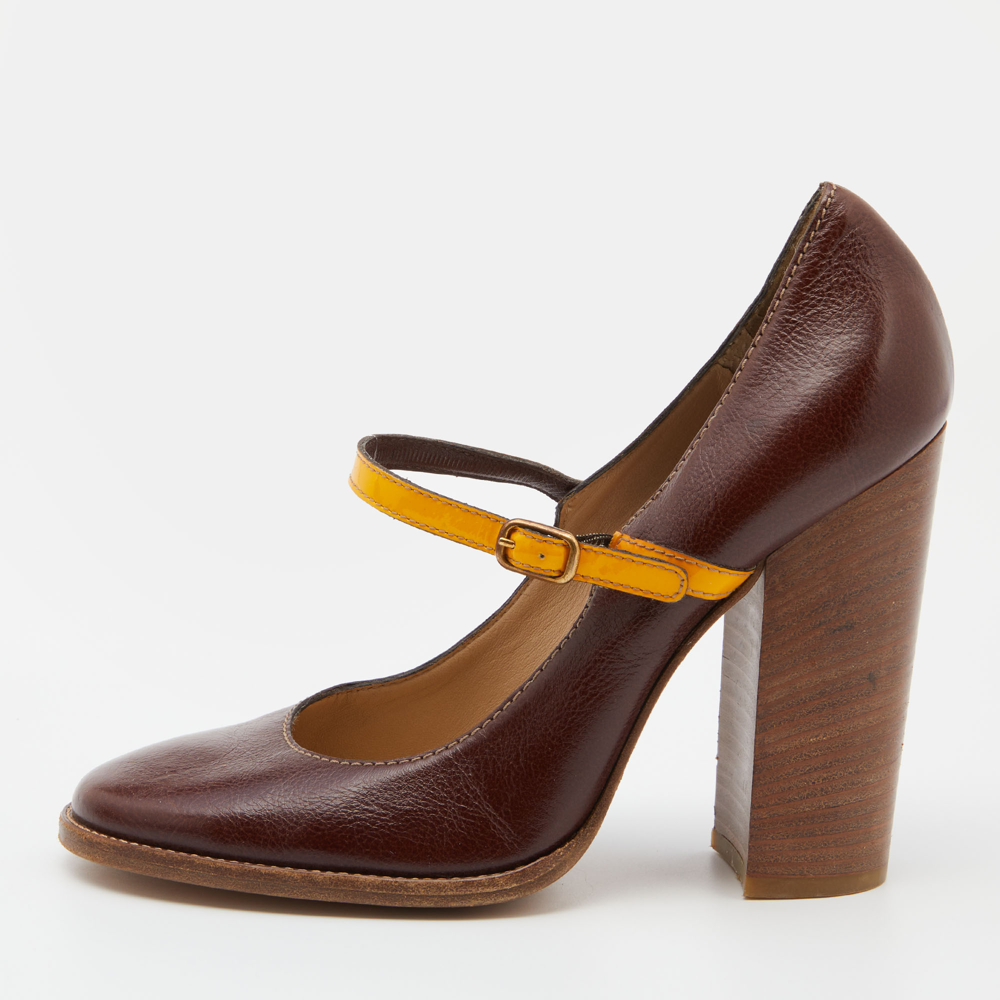 D&G Brown/Yellow Patent And Leather Block Heel Pumps Size 40