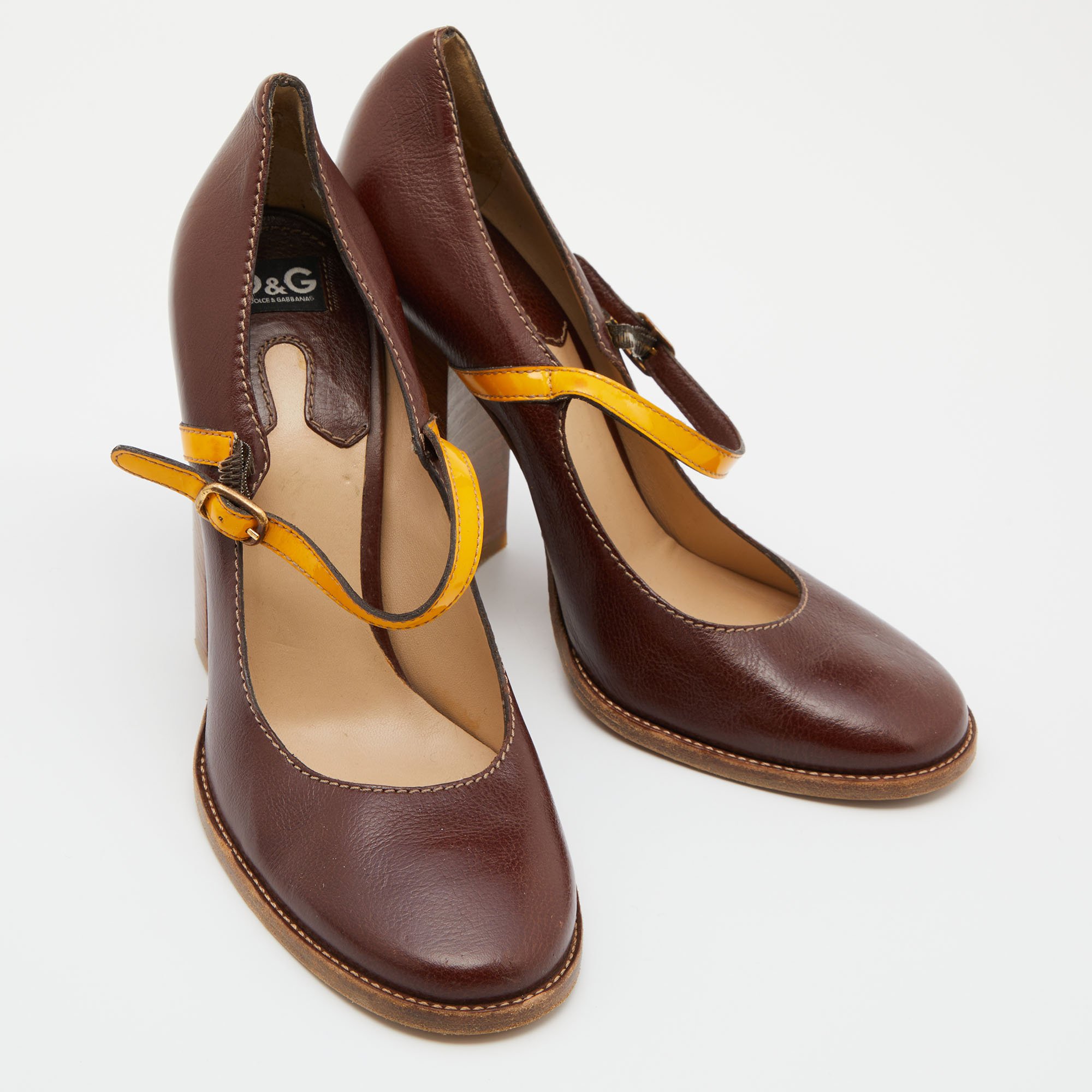 D&G Brown/Yellow Patent And Leather Block Heel Pumps Size 40