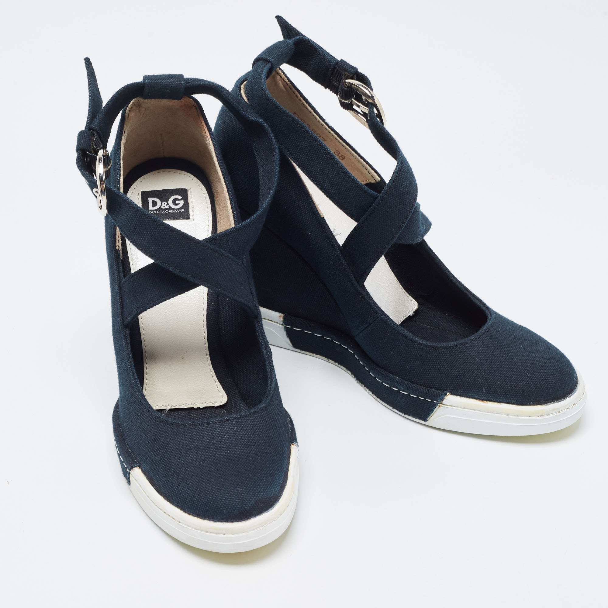 D&G Navy Blue Canvas Mary Jane Wedge Pumps Size 38