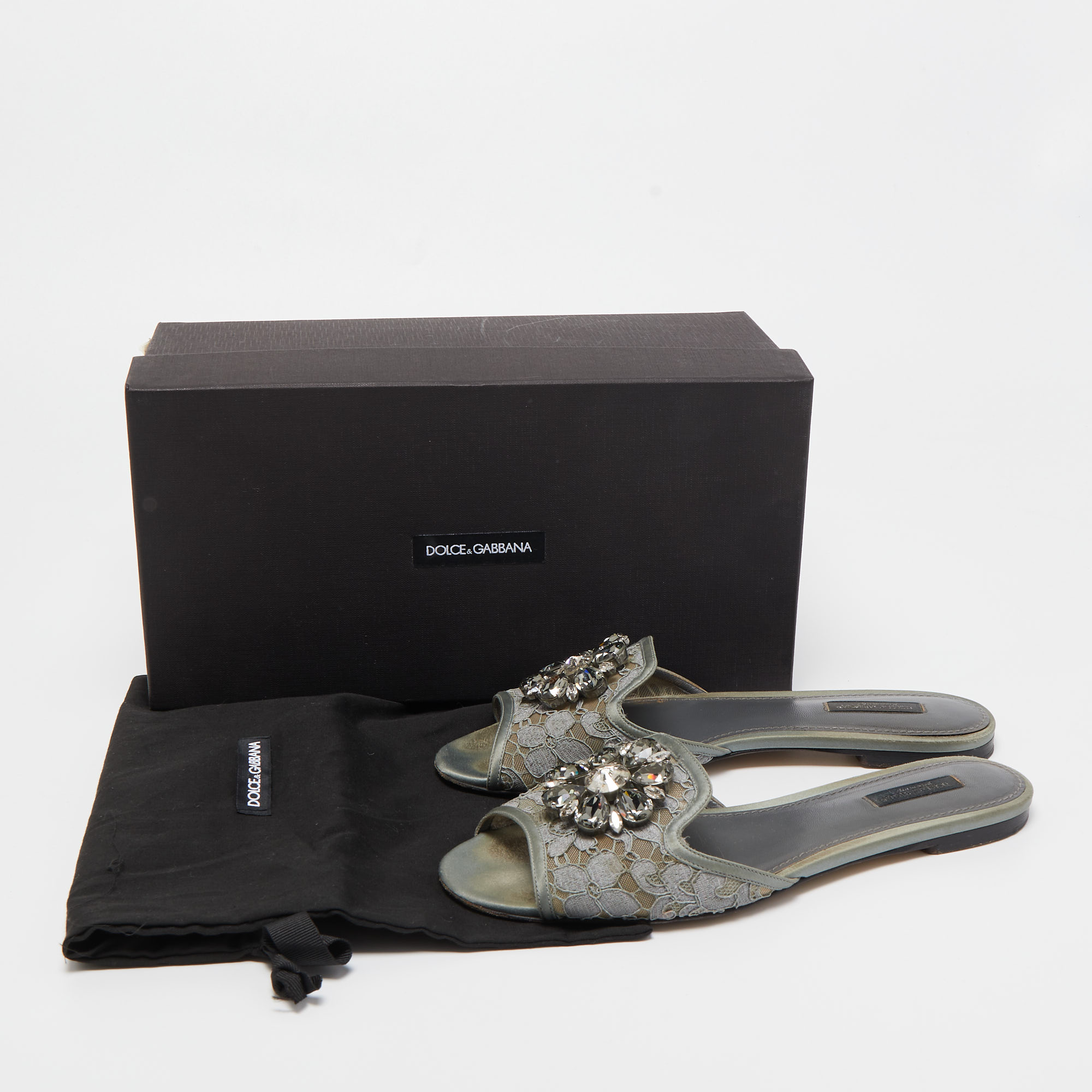 Dolce & Gabbana Grey Lace And Satin Crystal Embellished Flat Slides Size 39