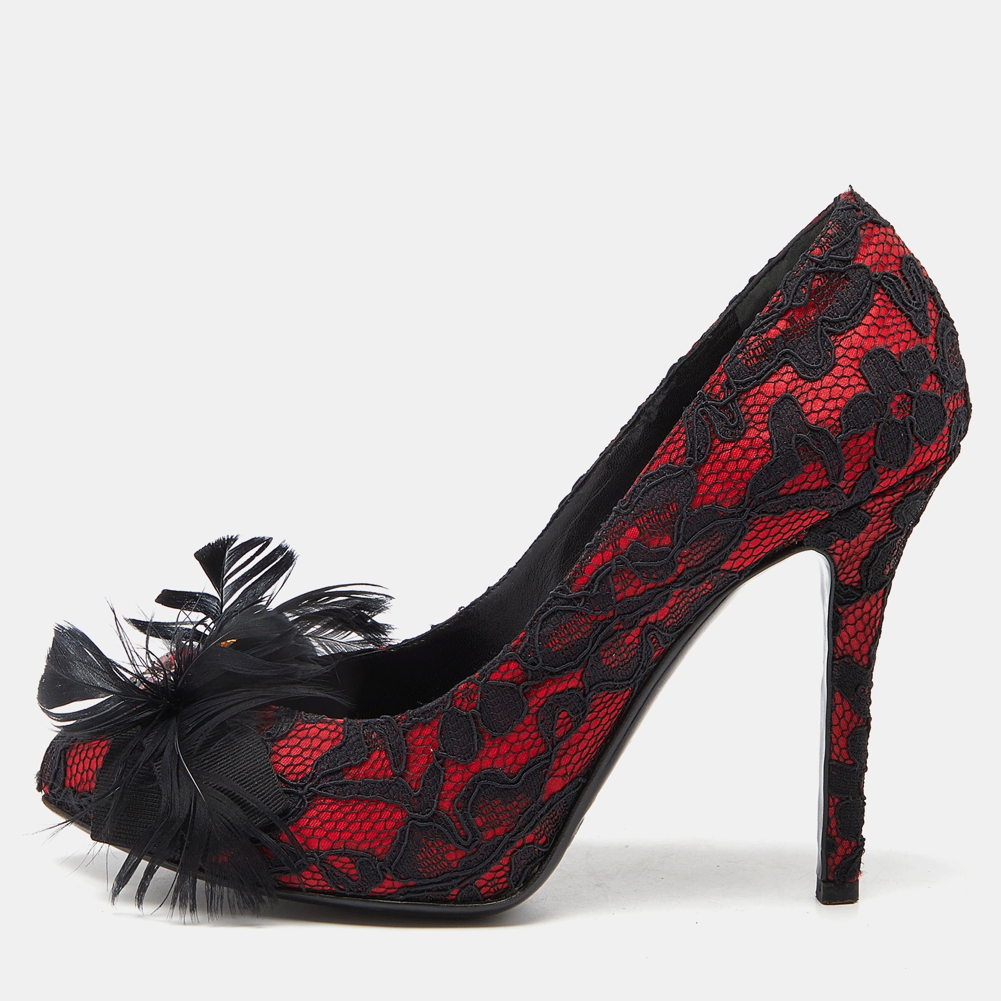 D&g red/black feather and crystal embellished lace and satin pumps size 37.5