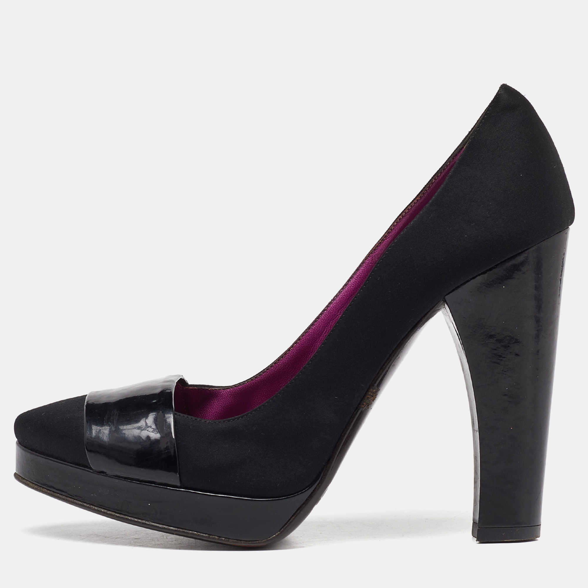 D&g black satin and patent leather platform block heel pumps size 39