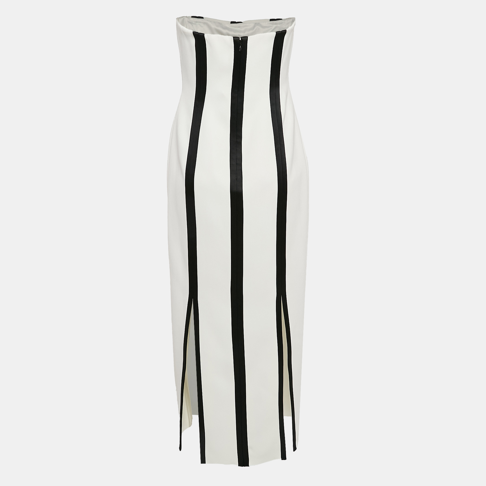 Diane Von Furstenberg White/Black Stripe Stretch Cotton Strapless Structured Midi Dress M