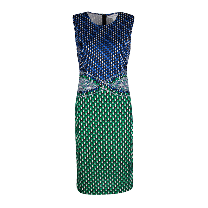 Image of Diane Von Furstenberg Green and Blue Dot Printed Silk Jersey Evita Shift Dress S