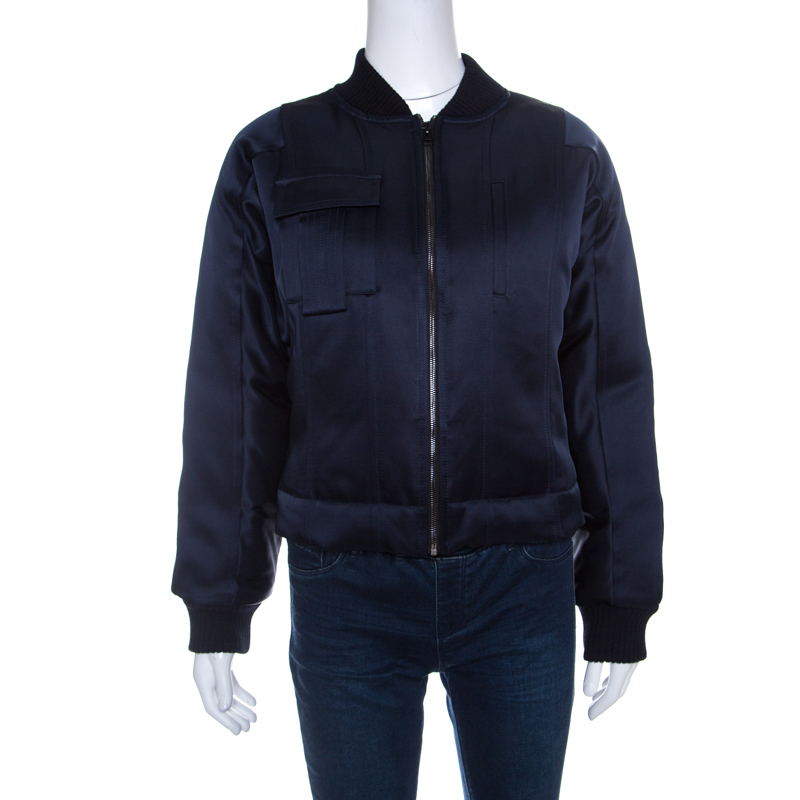 Diane von furstenberg navy blue satin alexander bomber jacket s