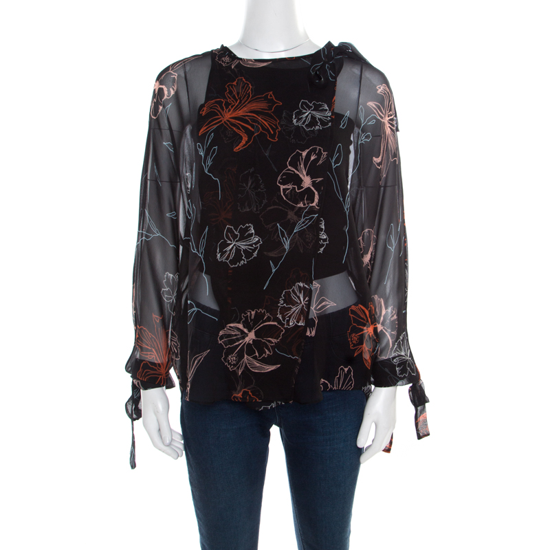 Image of Diane Von Furstenberg Black Fenelon Print Silk Wrap Top L