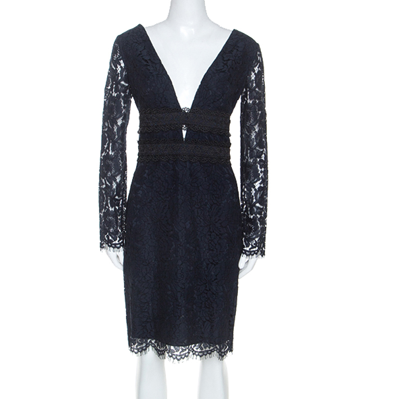 Image of Diane Von Furstenberg Navy Blue Lace Viera Cocktail Dress M