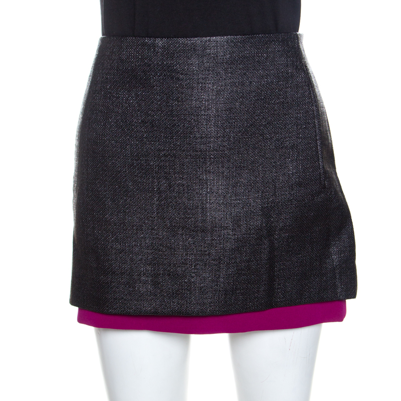 Image of Diane Von Furstenberg Black Textured Contrast Hem Elley Mini Skirt M