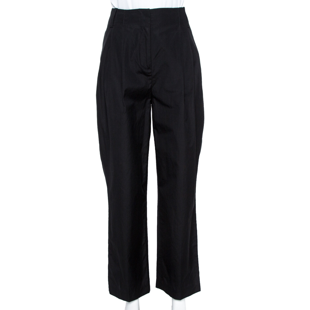 Image of Diane von Furstenberg Black Cotton Pleat Front Tapered Pants S