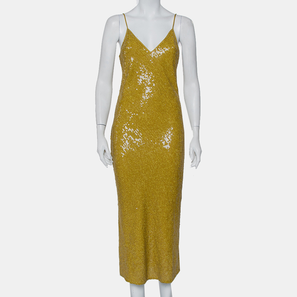 Diane von furstenberg mustard yellow sequin embellished silk havita dress m