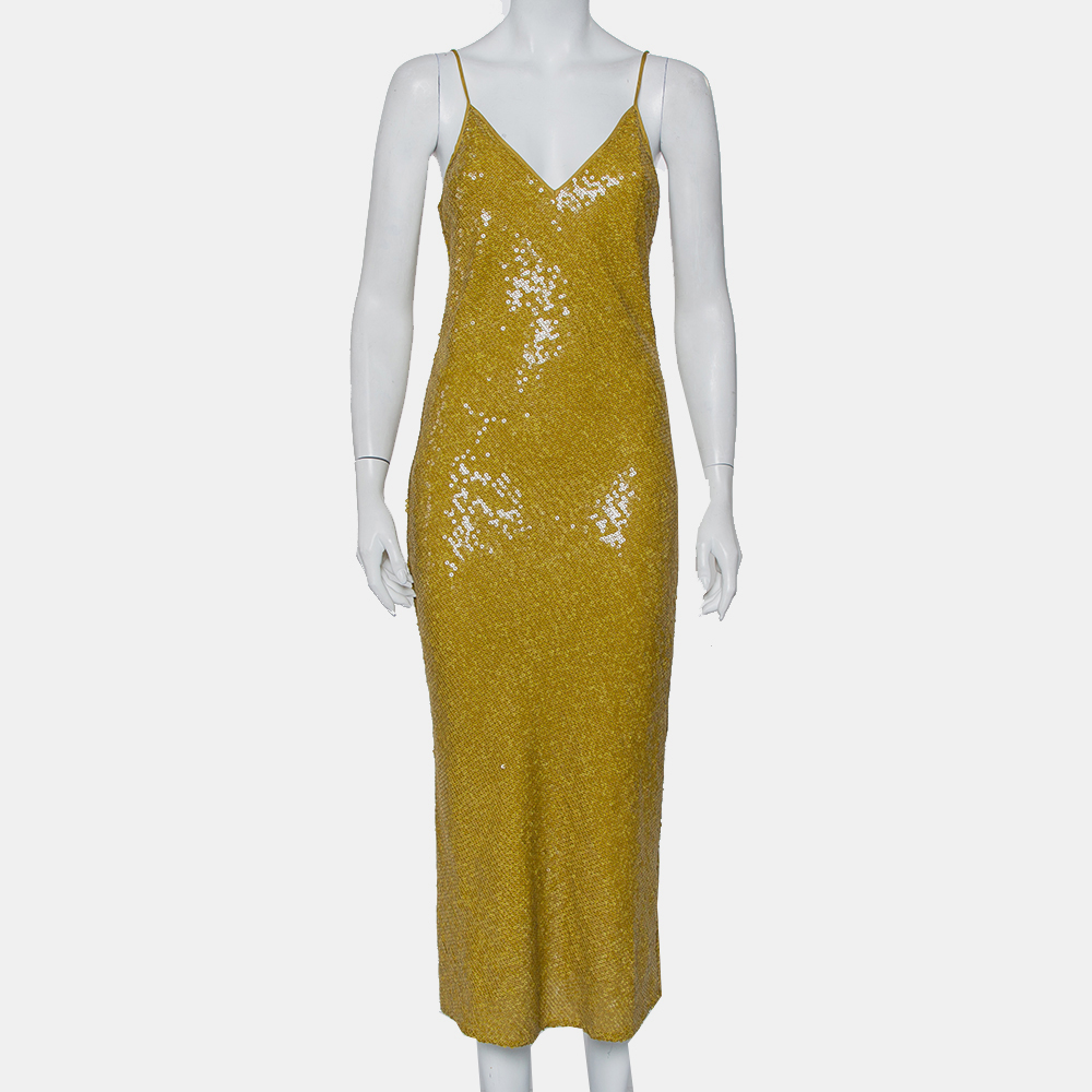 Diane Von Furstenberg Mustard Yellow Sequin Embellished Silk Havita Dress M