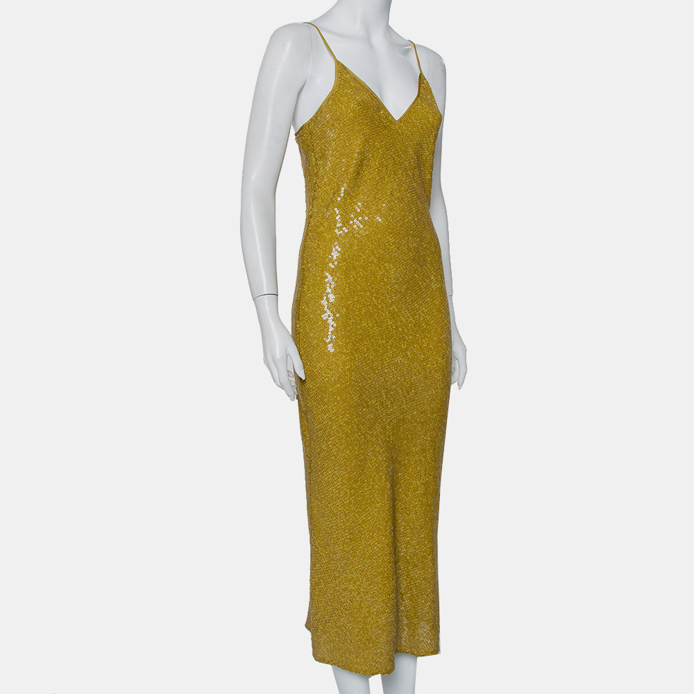 Diane Von Furstenberg Mustard Yellow Sequin Embellished Silk Havita Dress M