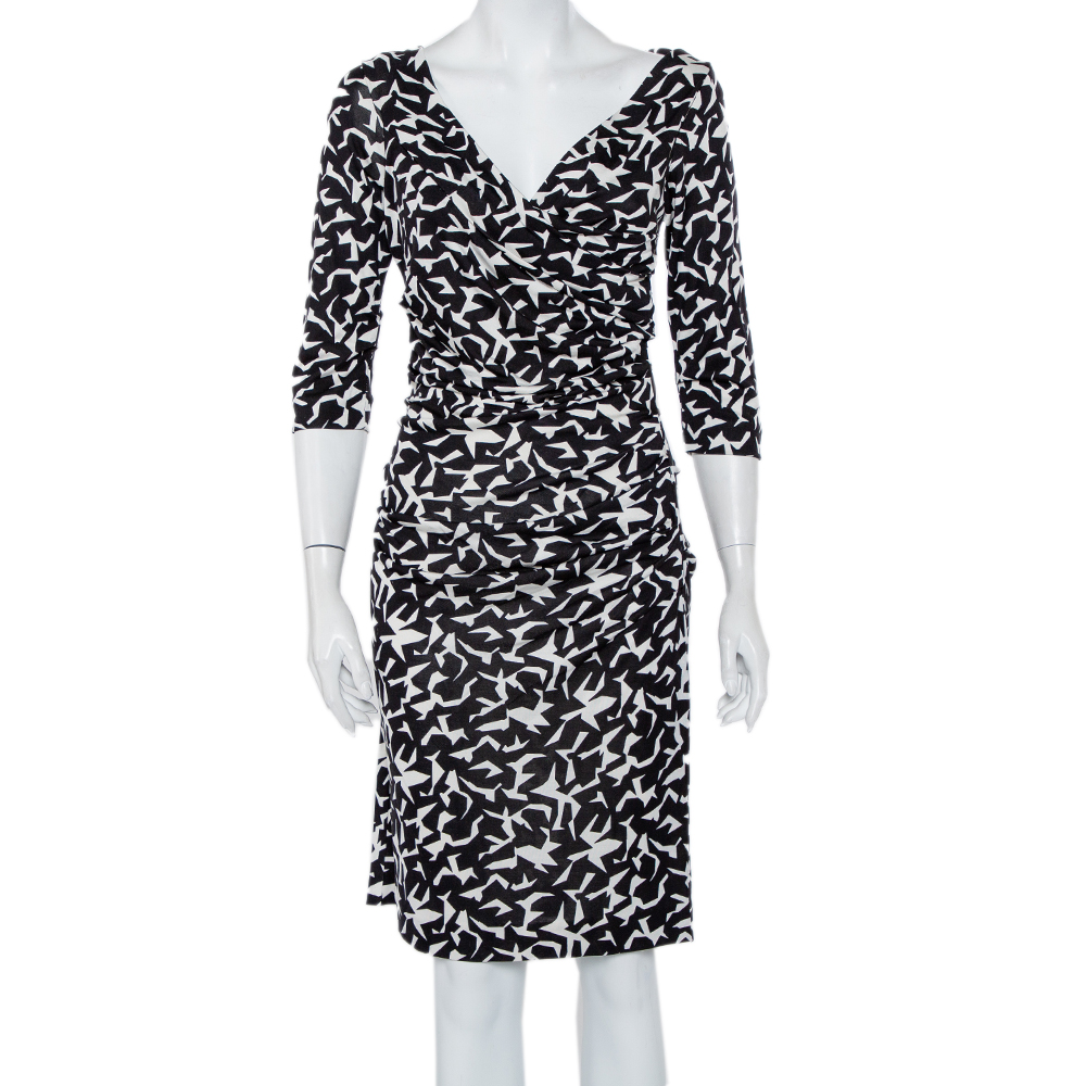 Diane Von Furstenberg Monochrome Abstract Printed Knit Ruched Bentley Dress M