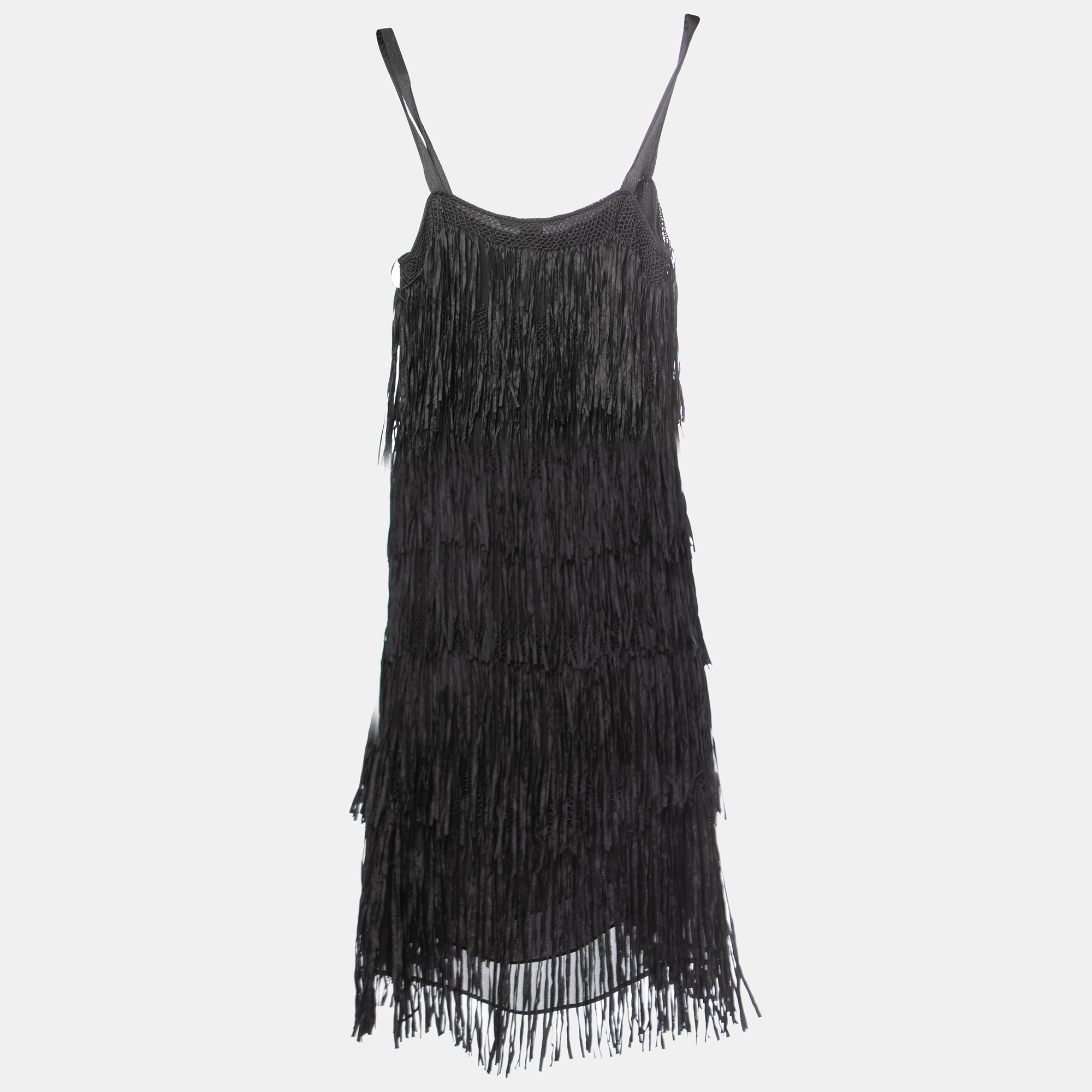 

Diane Von Furstenberg Black Silk Fringe Detail Strappy Mini Flap Dress