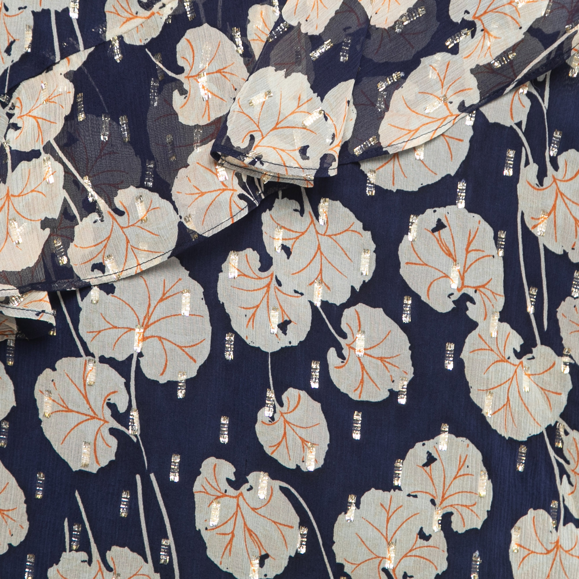 Diane Von Furstenberg Navy Blue Leaf Printed Silk Ruffled Sleeveless Top M