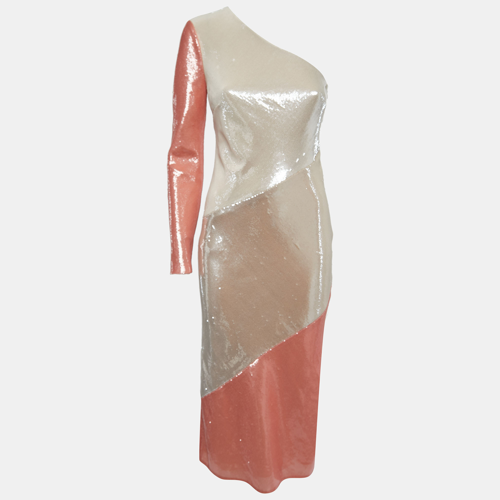 Diane von furstenberg off-white/light orange sequined silk one shoulder midi dress s