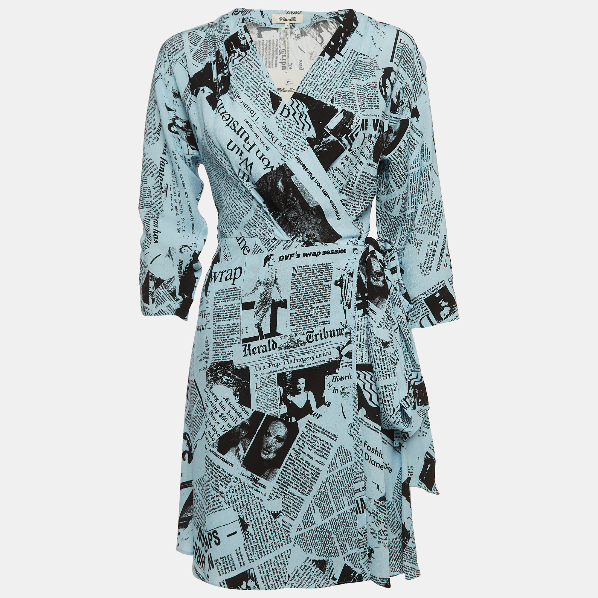 Diane Von Furstenberg Blue Newspaper Crepe Printed Wrap Dress S
