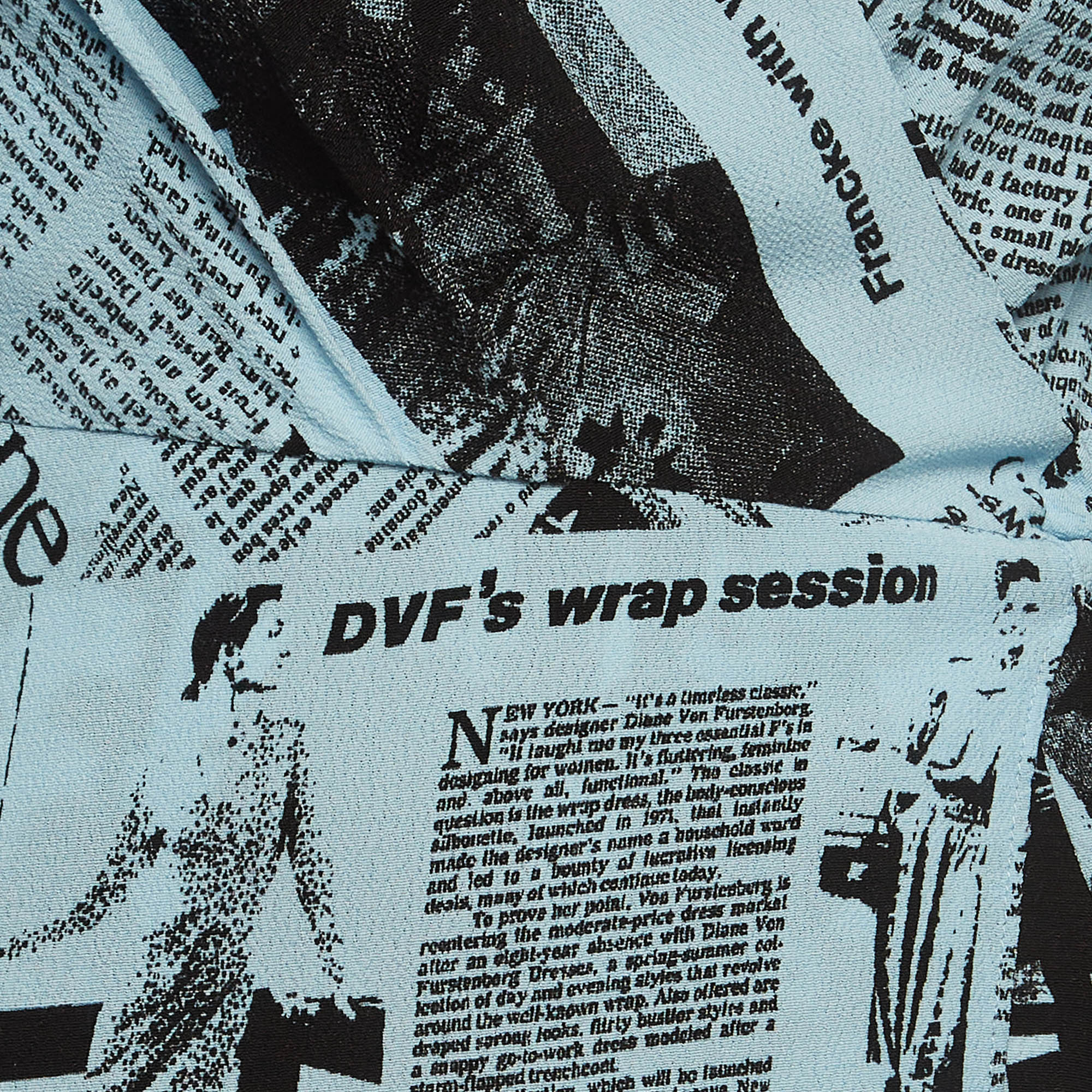 Diane Von Furstenberg Blue Newspaper Crepe Printed Wrap Dress S