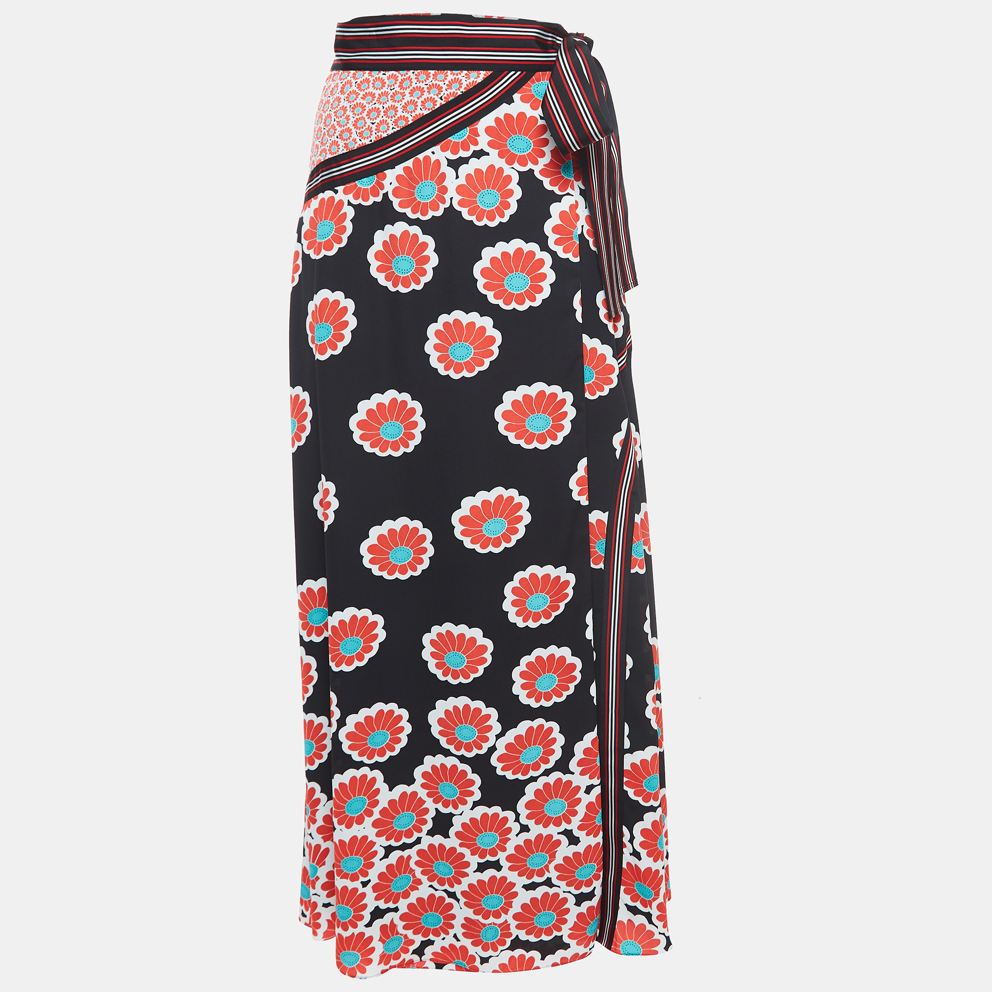 Diane Von Furstenberg Black/Multicolor Floral Printed Crepe Wrap Skirt M