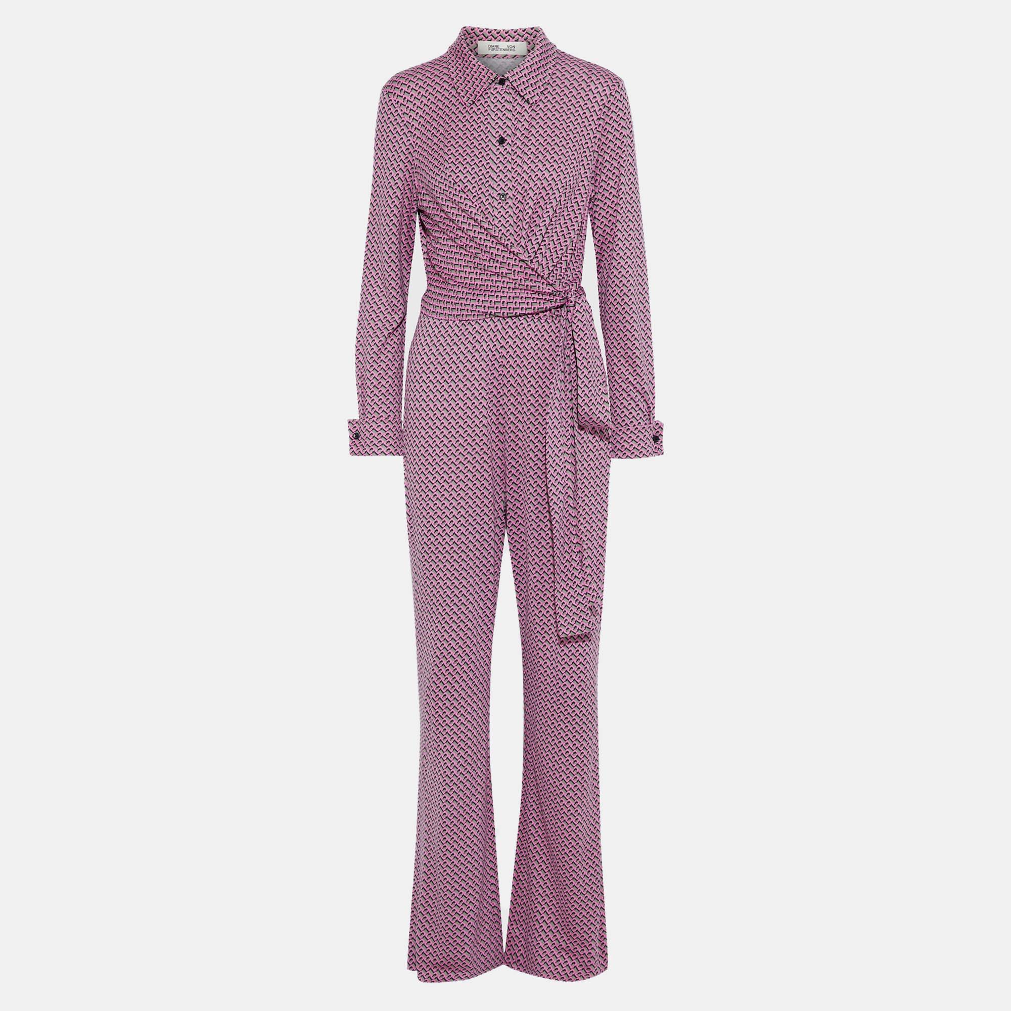 Diane von furstenberg green/pink printed jersey jumpsuit xs (us 2)