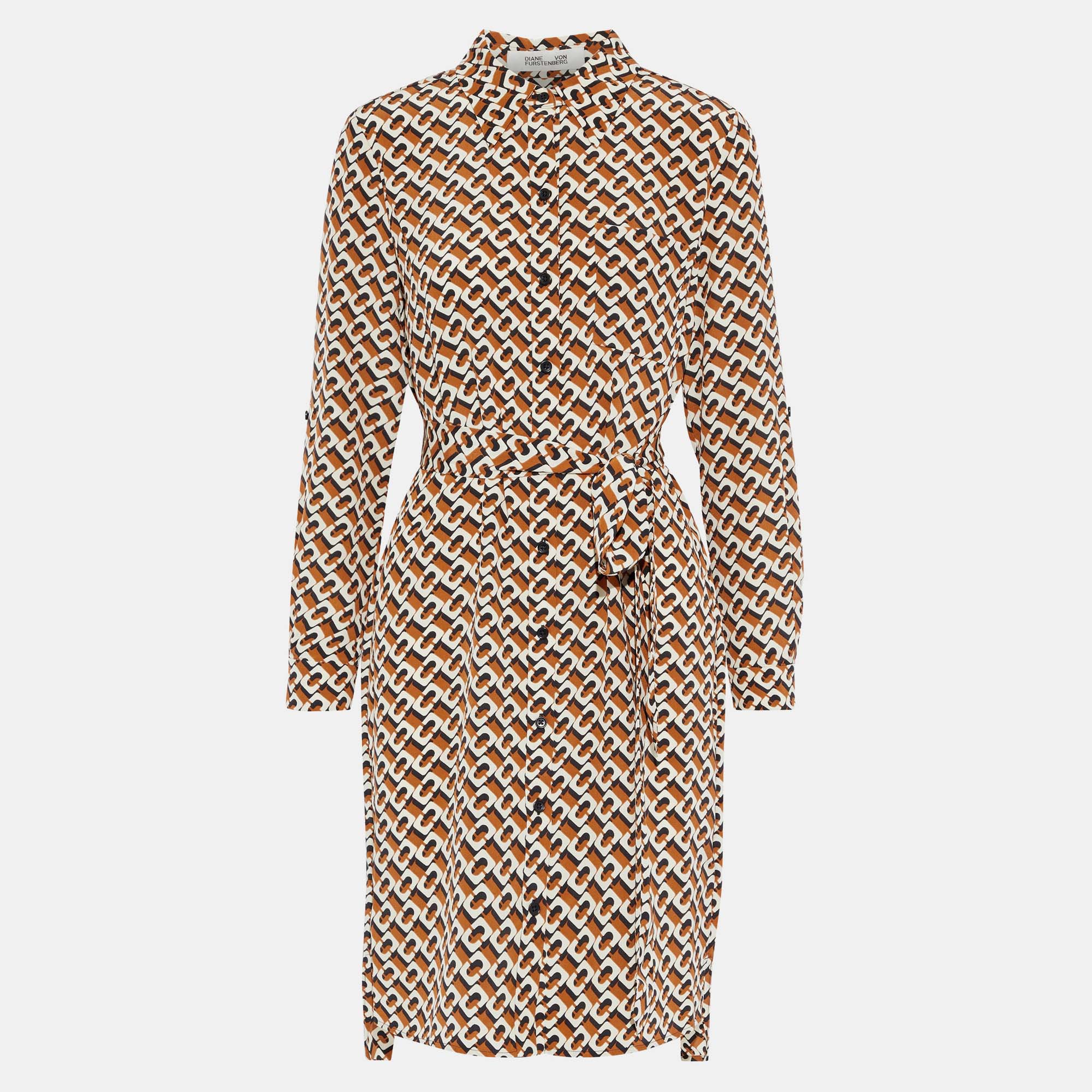Diane von furstenberg brown chain print silk belted dress m