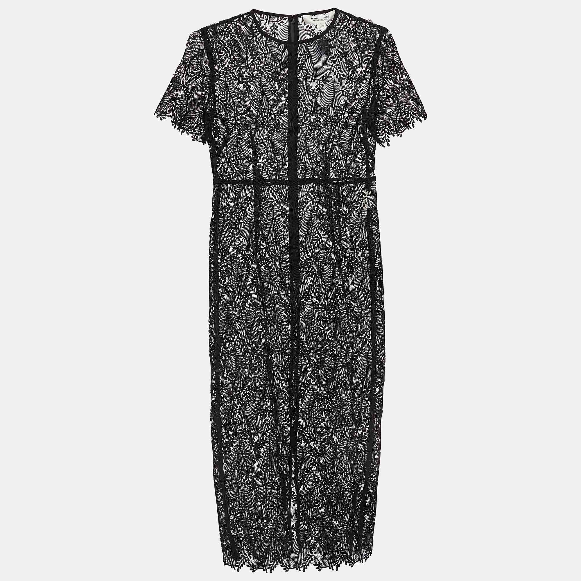 Diane von furstenberg black lace tailored overlay midi dress m