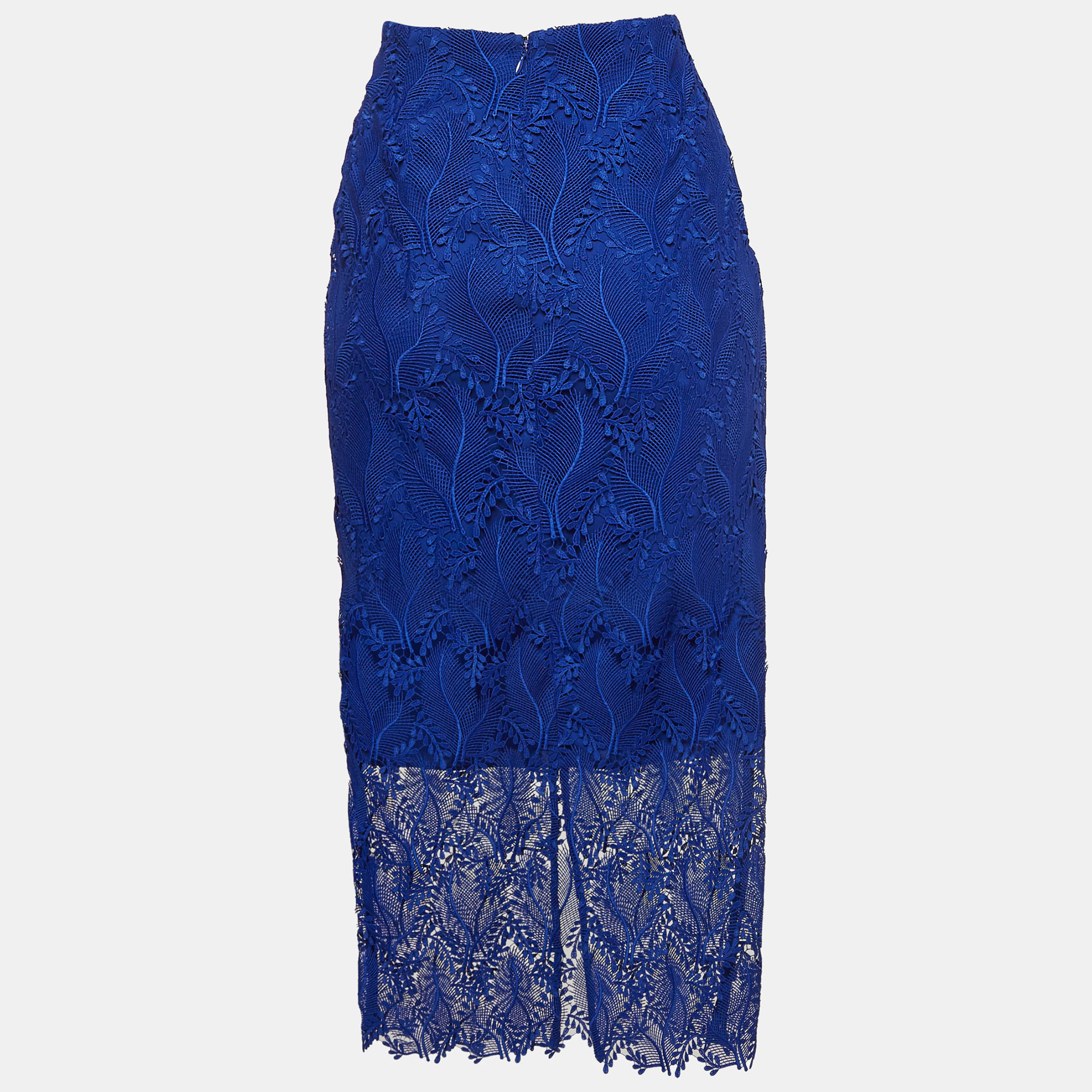 Diane Von Furstenberg Blue Lace Overlay Tailored Pencil Skirt S