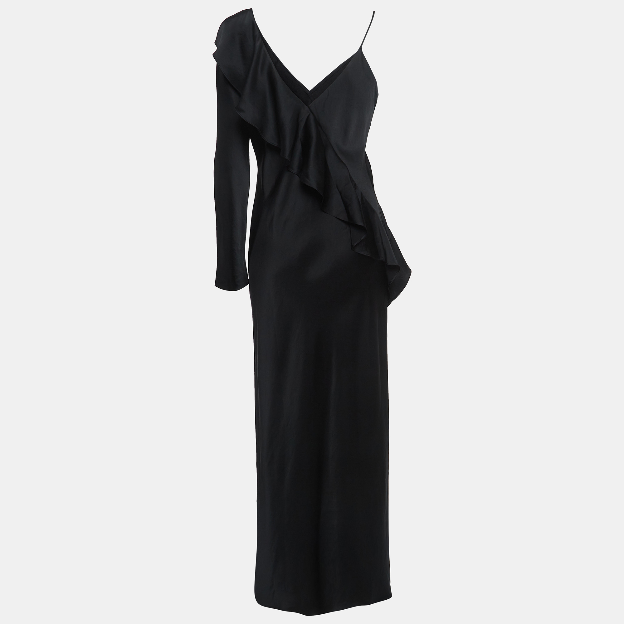 Diane von furstenberg black satin asymmetric sleeve ruffled maxi dress m