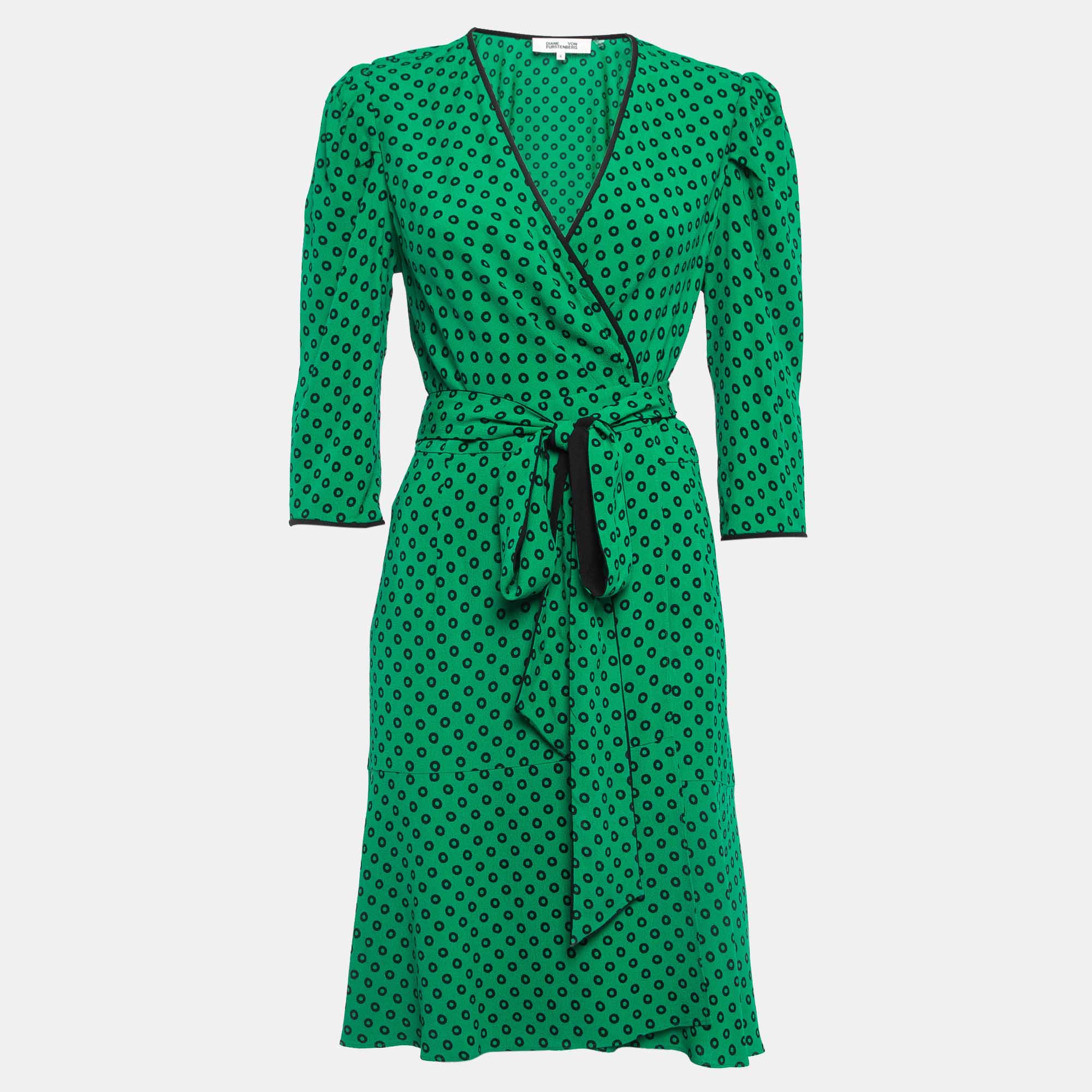 Diane von furstenberg green printed crepe wrap short dress m