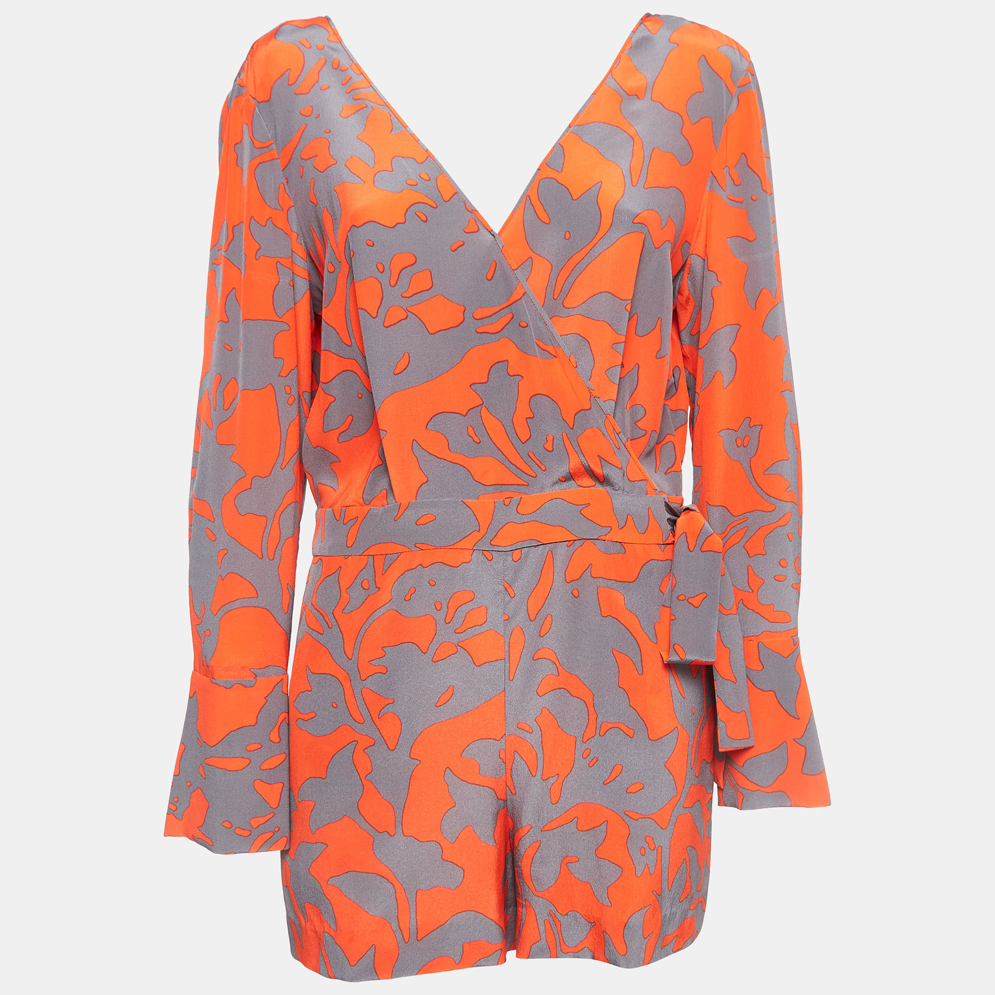 Diane von furstenberg orange/grey abstract print silk playsuit m