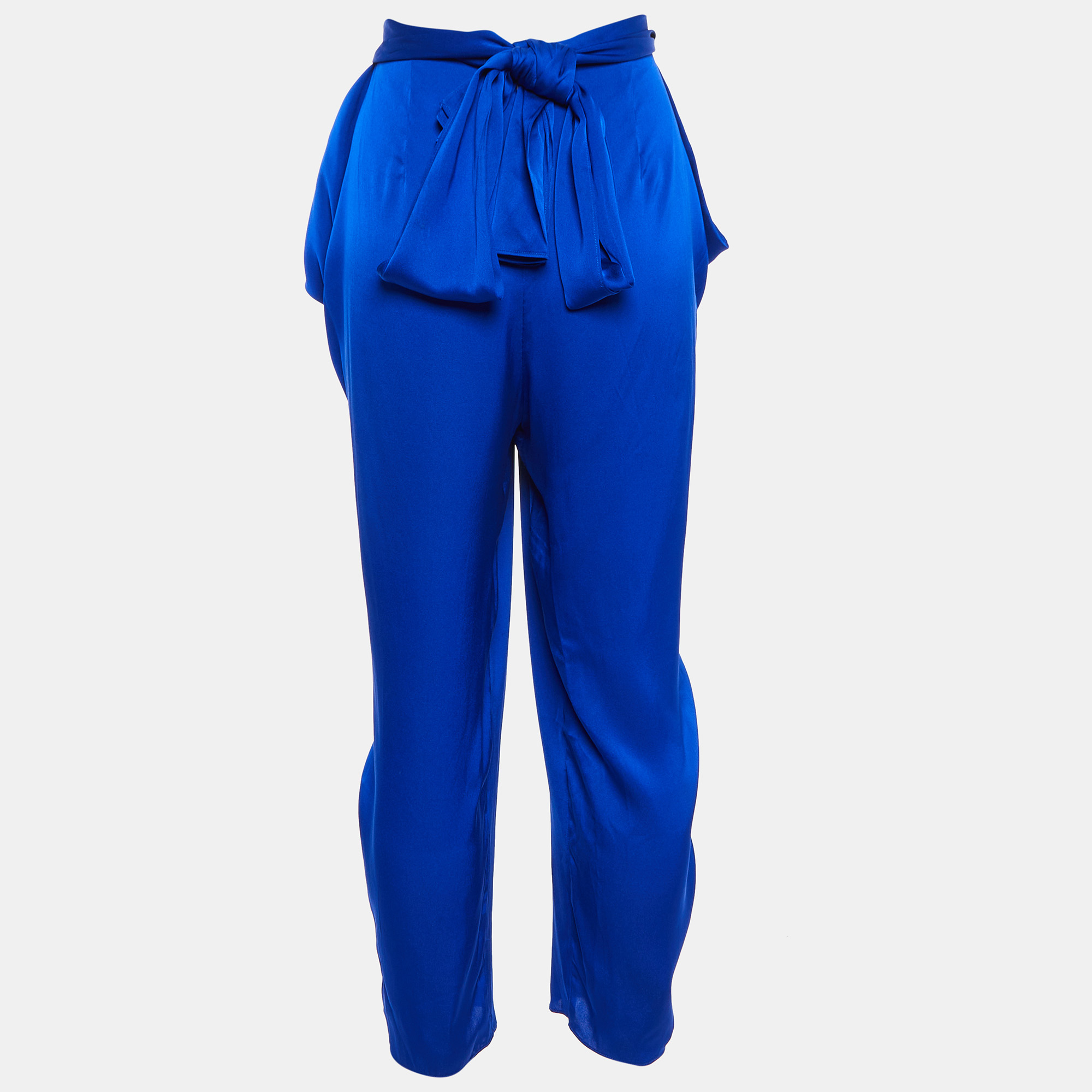 Diane Von Furstenberg Royal Blue Silk Waist Bow Detail Pegged Pants S