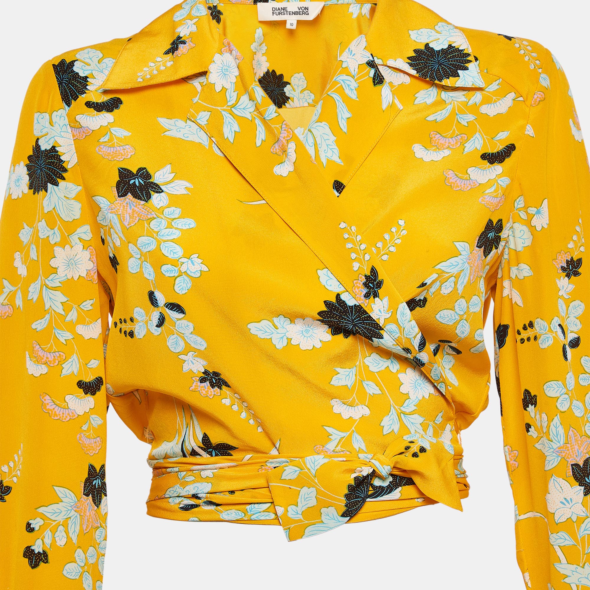 Diane Von Furstenberg Yellow Floral Print Silk Crop Wrap Shirt L