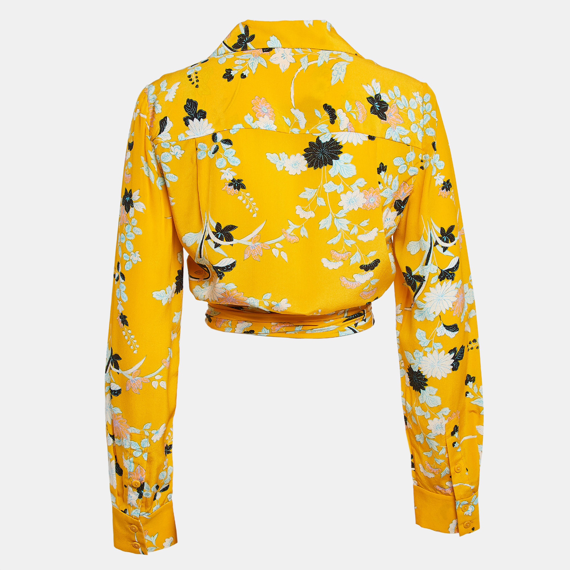 Diane Von Furstenberg Yellow Floral Print Silk Crop Wrap Shirt L