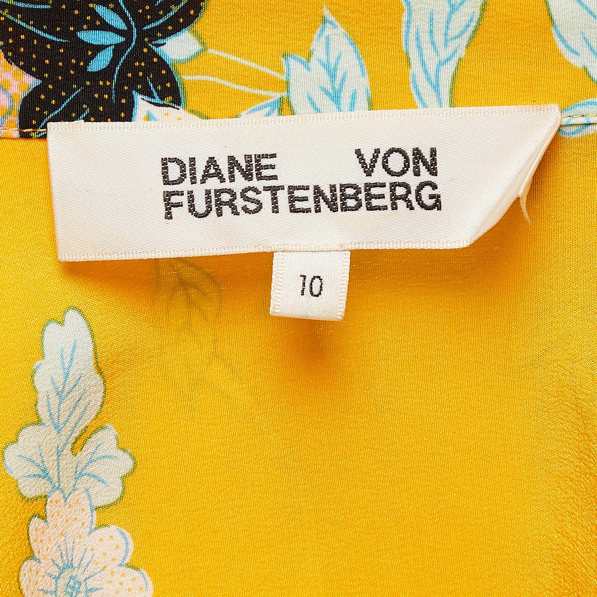 Diane Von Furstenberg Yellow Floral Print Silk Crop Wrap Shirt L