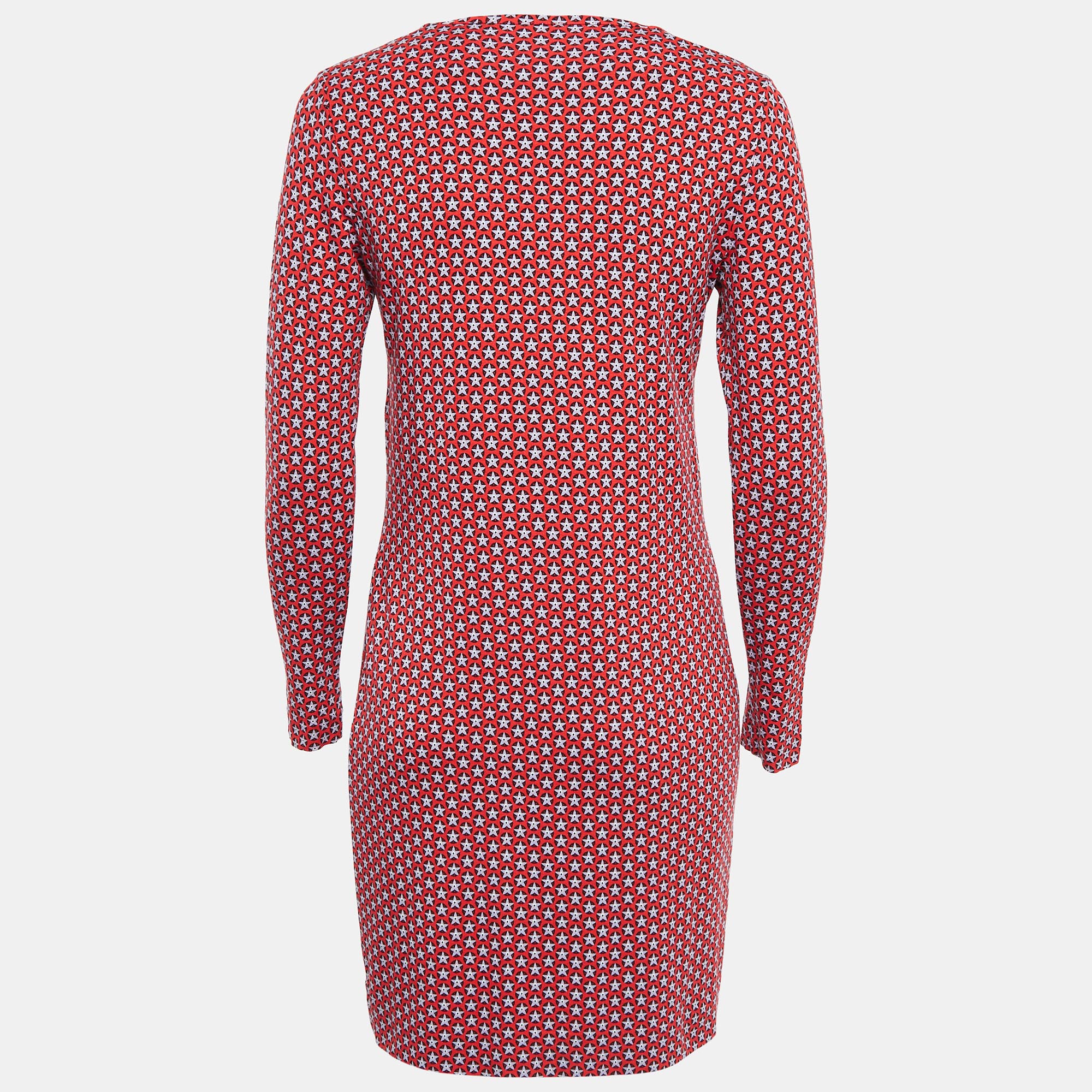 Diane Von Furstenberg Red Printed Knit Full Sleeves Mini Dress S