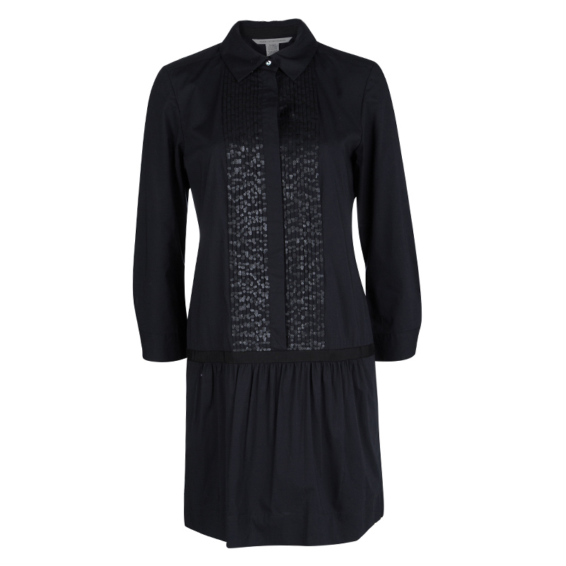 Image of Diane Von Furstenberg Amy Lu Black Sequin Pintuck Detail Long Sleeve Dress M