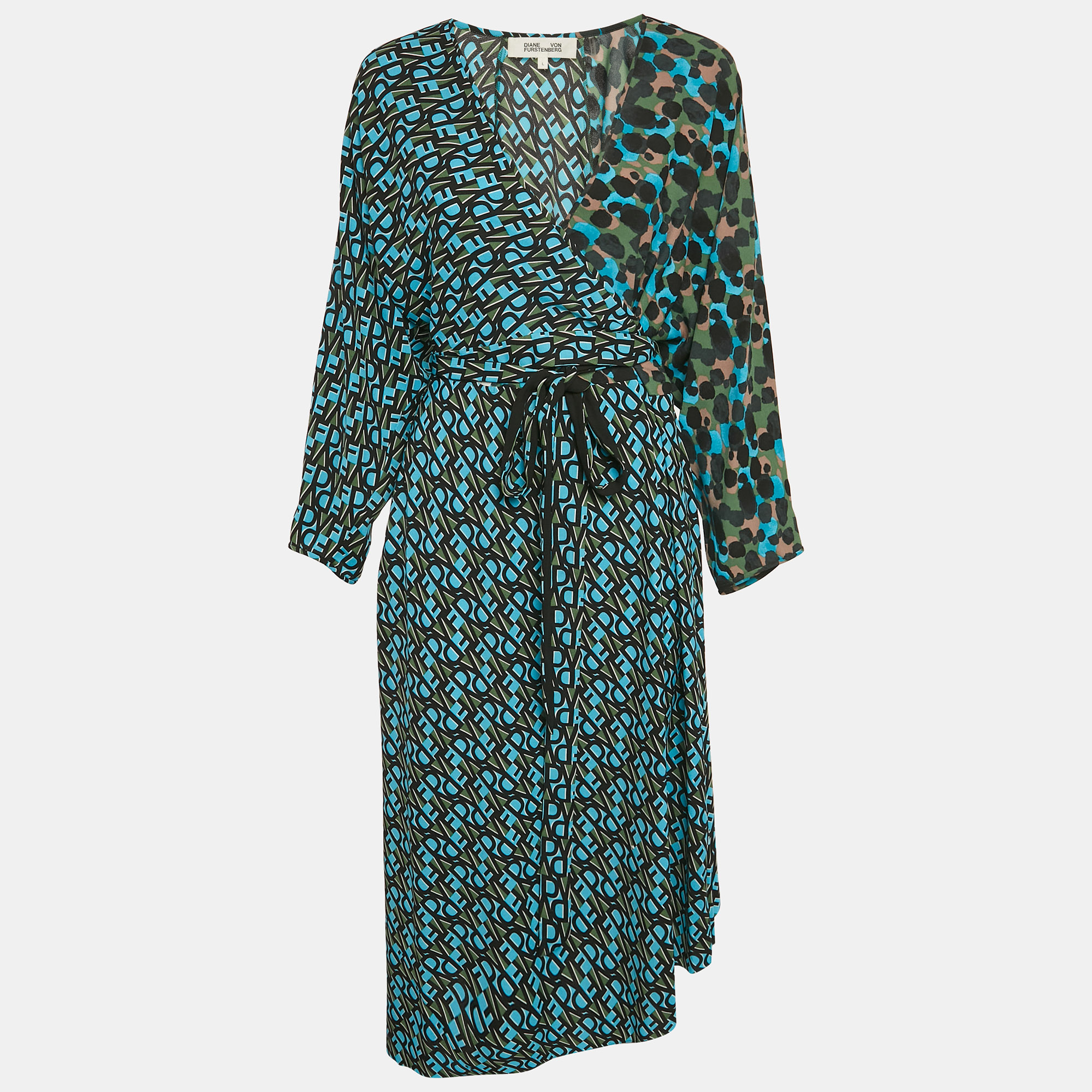 Diane Von Furstenberg Multicolor Logo Print Satin Wrap Detail Midi Dress L
Diane Von Furstenberg Multicolor Logo Print Satin Wrap Detail Midi Dress L