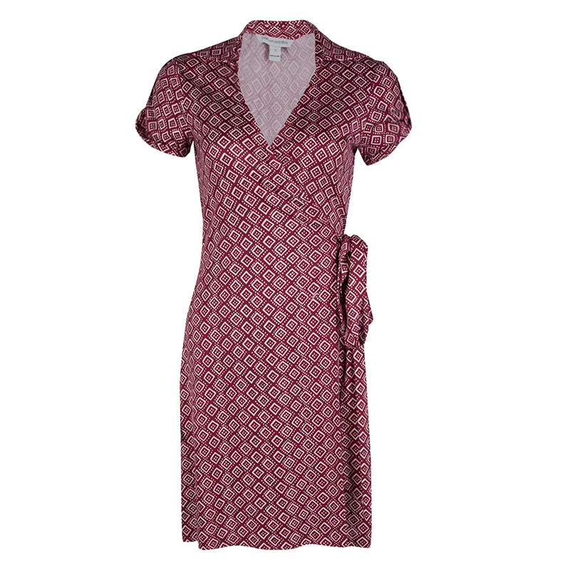 Image of Diane Von Furstenberg Burgundy and White Printed Jilda Two Wrap Dress S