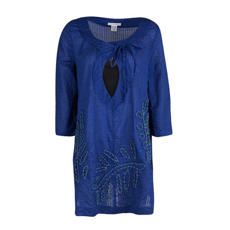 Diane Von Furstenberg Blue Seersucker Beaded Applique Detail Tunic M