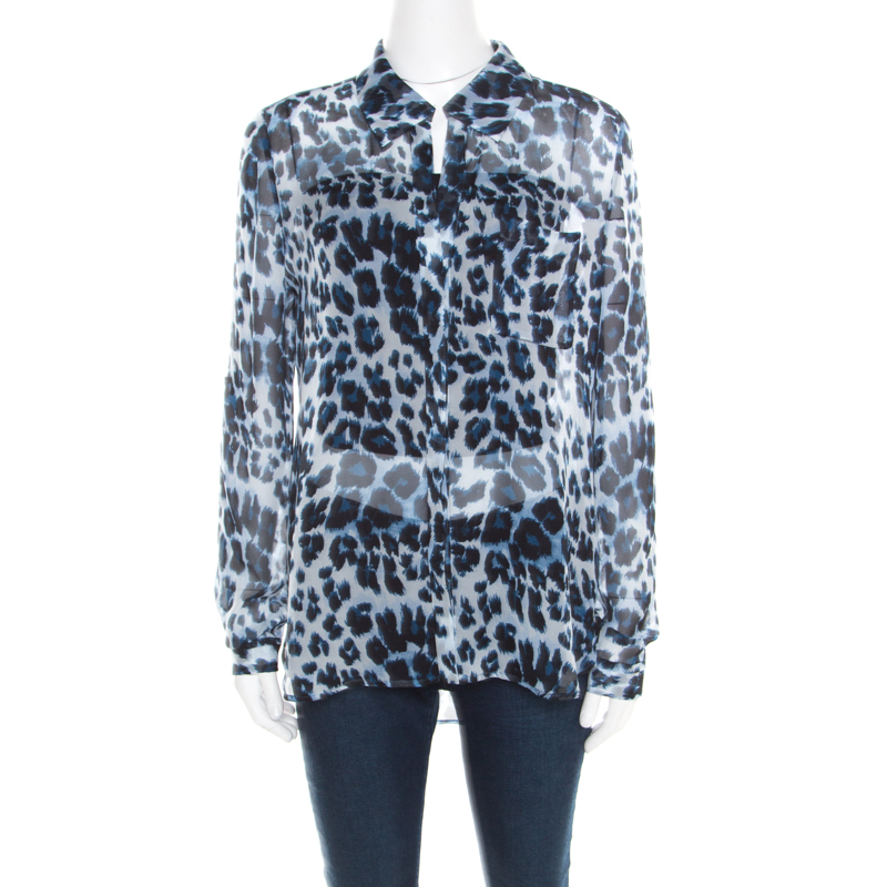 Diane Von Furstenberg Multicolor Snow Cheetah Printed Silk Lorelei Blouse M