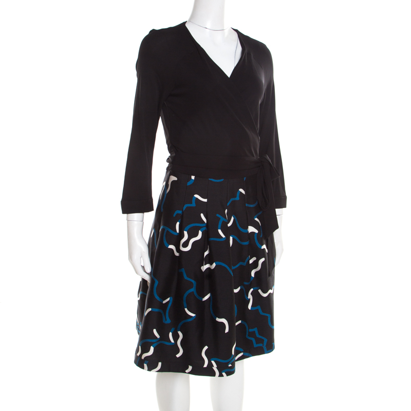 

Diane Von Furstenberg Black and Blue Printed Wool and Silk Jewel Wrap Dress